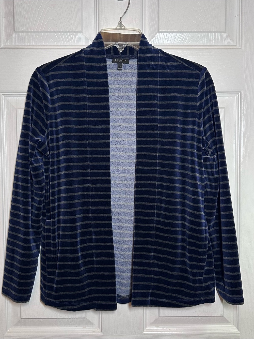 Talbots Womens Blue and Gray Velour Striped Open Cardigan Pockets Size Petite XS
